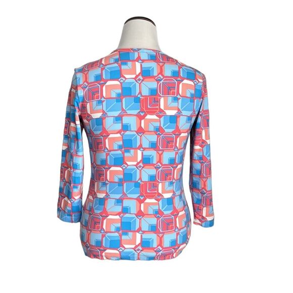 J.McLaughlin Catalina Cloth 3/4 Sleeve Geometric Print Coral Blue Top Size M - Picture 2 of 11